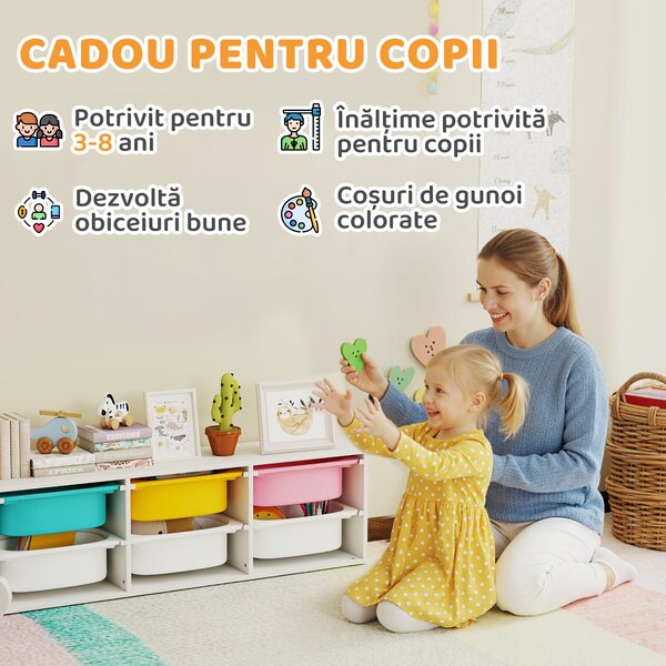 AIYAPLAY Raft pentru Jucării din Lemn cu 6 Recipiente Detașabile din Plastic, Multicolor | Aosom Romania