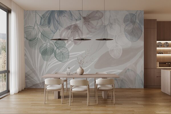 Tapet Imprimeu floral în culori pastelate cu flori și frunze abstracte mari transparente în nuanțe de gri, roz, Fototapet Flori, w08600 : Uwalls.ro