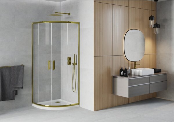 Mexen Rio, duș pătrat cu ușă glisantă 90(uşă) x 90(uşă) x 190 cm, sticlă transparentă 6 mm, profil auriu + cadă de duș SLIM albă, 863-090-090-50-00-4110G