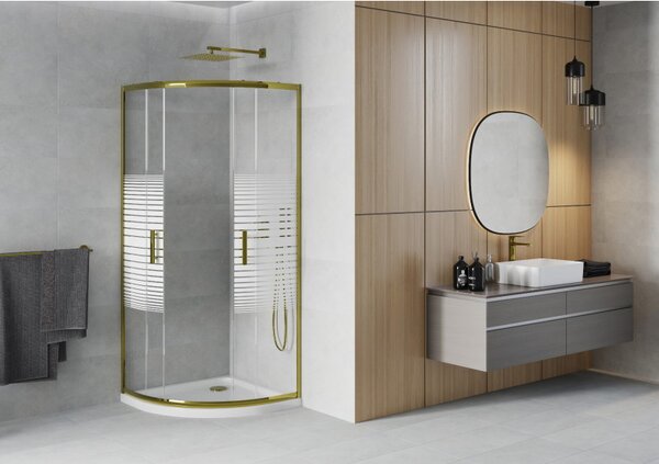 Mexen Rio, duș pătrat cu ușă glisantă 80(uşă) x 80(uşă) x 190 cm, sticlă transparentă 6mm cu benzi, profil auriu + cadă de duș SLIM albă, 863-080-080-50-20-4110G