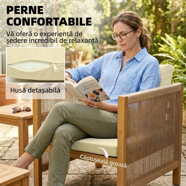 Outsunny Set de Grădină 4 Piese, Lemn de Salcâm, Conversație Terasă cu Perne Bej | Aosom Romania