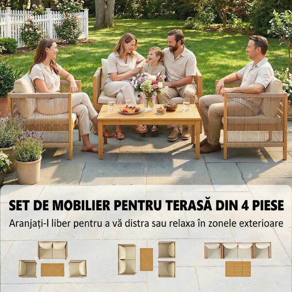 Outsunny Set de Grădină 4 Piese, Lemn de Salcâm, Conversație Terasă cu Perne Bej | Aosom Romania