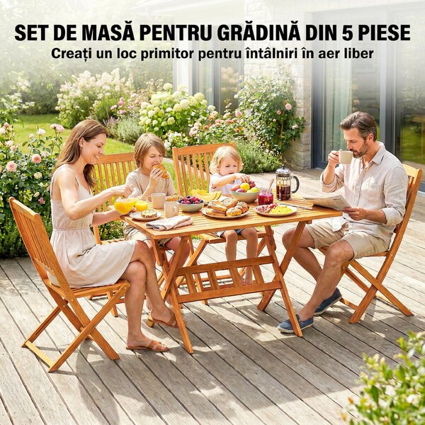 Outsunny Set de Luat Masa pentru Grădină 5 Piese, Masă și 4 Scaune Rabatabile | Aosom Romania