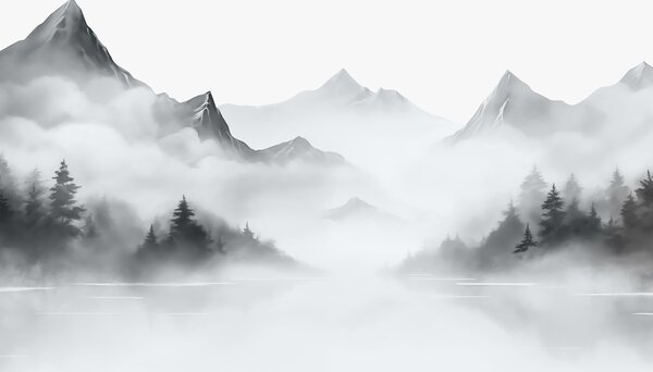 Fototapet Foggy peisaj montan cu copaci și munți, Fototapet munți, Fototapet populare, w02706 - Tapeko.ro