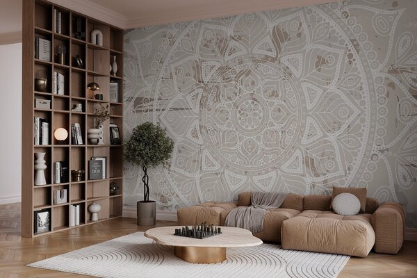 Fototapet Mandala albă pe o suprafață maro, Fototapet populare, Fototapet populare, w02693 - Tapeko.ro