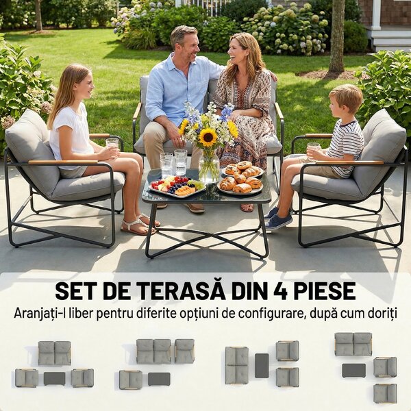 Set de Grădină Outsunny cu Canapea, 2 Fotolii și Măsuță cu Blat din Sticlă, Mobilier de Exterior cu Perne Groase, Gri Deschis | Aosom Romania