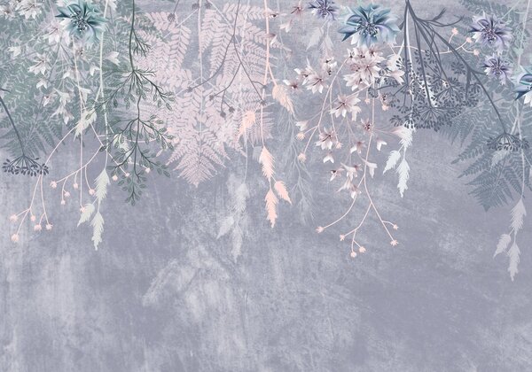 Tapet Un vis, plante delicate, wispy, spikelets și flori în culori pastelate albastru pe un fundal cețos,, Fototapet Flori, w08606 : Uwalls.ro