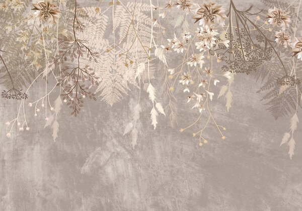 Tapet Un vis, delicat, wispy plante, spikelets și flori în culori pastelate maro pe un fundal cețos, texturat, Fototapet Flori, w08606v1 : Uwalls.ro