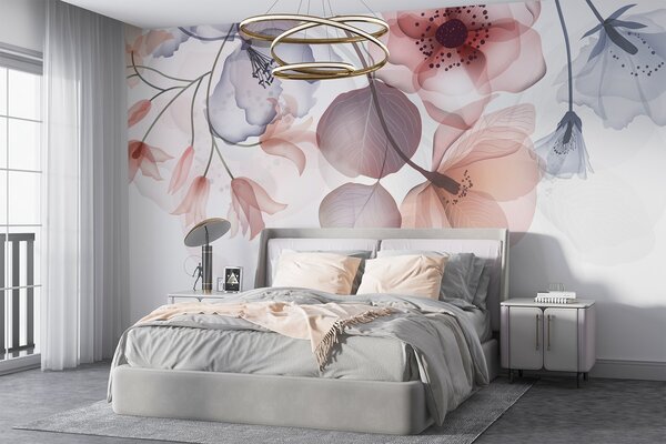 Tapet Flori delicate translucide roz și gri, cu petale moi și centre întunecate, pe un, Fototapet pădure, Fototapet copaci, w08613 : Uwalls.ro