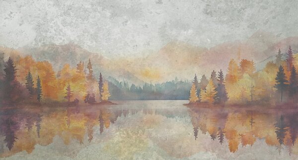 Fototapet Pictura acuarelă a unui lac cu copaci și munți, Fototapet natură, Fototapet populare, w08621 - Tapeko.ro