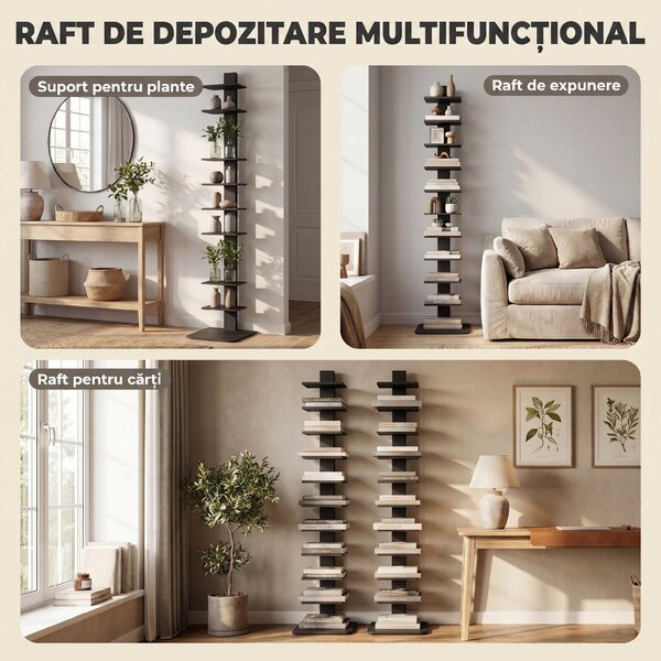 HOMCOM Bibliotecă Verticală înaltă cu 11 Rafturi, Bibliotecă Economisitoare de Spațiu Slim, Raft Industrial pentru Living, Dormitor, Birou, 34.5x41.5x163.5 cm, Negru | Aosom Romania