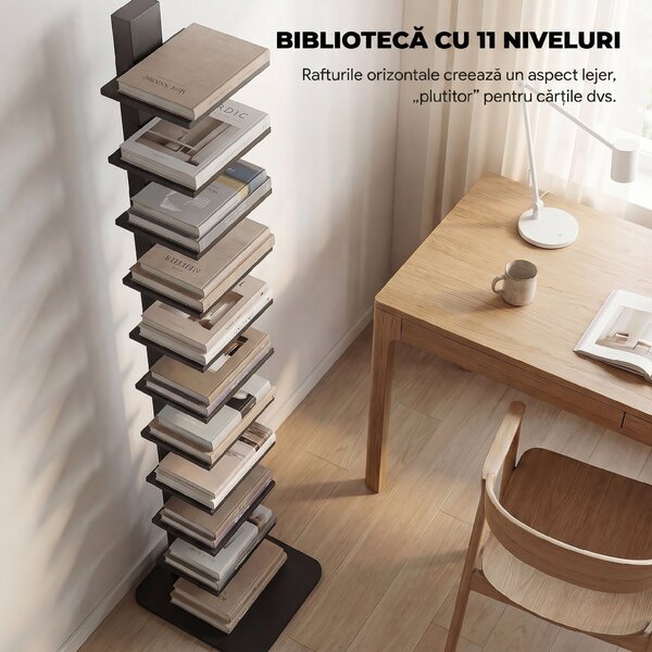 HOMCOM Bibliotecă Verticală înaltă cu 11 Rafturi, Bibliotecă Economisitoare de Spațiu Slim, Raft Industrial pentru Living, Dormitor, Birou, 34.5x41.5x163.5 cm, Negru | Aosom Romania