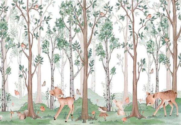 Fototapet Wallpaper cu o pădure de copaci și animale, Fototapet natură, Fototapet populare, w02771 - Tapeko.ro