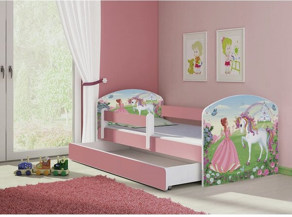 Pat copii cu sertar si saltea Princess Unicorn si protectie anticadere