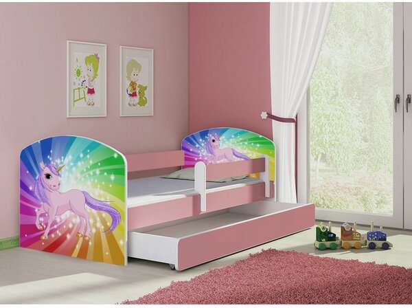 Pat copii cu sertar si saltea Unicorn si protectie anticadere