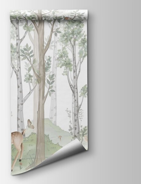 Fototapet Wallpaper cu o pădure de copaci și animale, Fototapet natură, Fototapet populare, w02771v1 - Tapeko.ro