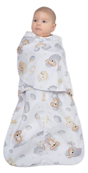 Sac de dormit bebelusi cu interior din flanel si sistem de infasare Kidizi Baloon Friends, 70 cm, 0.5 tog