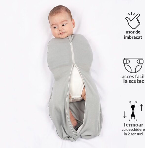 Sistem de infasat cu fermoar dublu Kidizi SnugPod UP Grey M, pentru bebelusi cu greutate de 3.8-7 kg, 0.5 tog