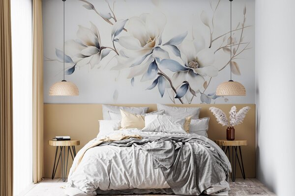 Tapet Delicate flori albe magnolia cu petale albastru moale pe un fundal de lumină acuarelă imitație minimalism , Fototapet Flori, w08644 : Uwalls.ro