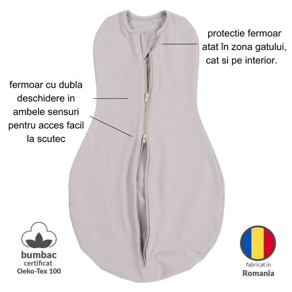 Set 2 sistem de infasat cu fermoar dublu Kidizi SnugPod Grey Peach S, pentru nou-nascuti 2.6-5 kg, 0.5 tog