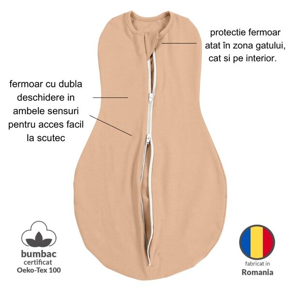 Sistem de infasat cu fermoar dublu Kidizi SnugPod Peach S, pentru nou-nascuti 2.6-5 kg, 0.5 tog
