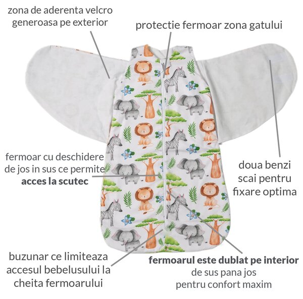 Sac de dormit bebelusi cu interior din flanel si sistem de infasare Kidizi Safari, 70 cm, 0.5 tog