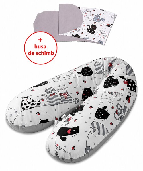 Perna gravide 3 in 1 cu husa detasabila din bumbac 100% si husa de schimb inclusa Kidizi Lena, lungime 160 cm, Happy Kitten