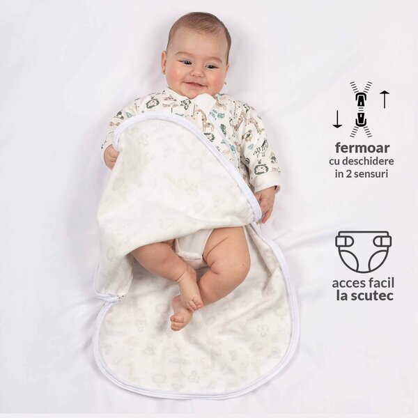 Sac de dormit cu maneci din bumbac flausat Kidizi Safari, 0-3 luni, 1 tog