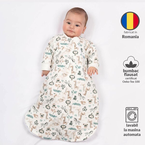 Sac de dormit cu maneci din bumbac flausat Kidizi Safari, 0-3 luni, 1 tog