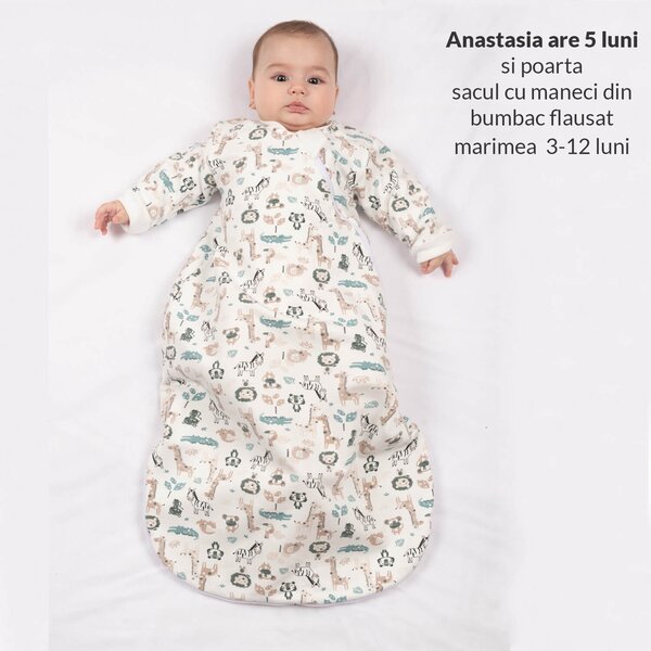 Sac de dormit cu maneci din bumbac flausat Kidizi Safari,12-18 luni, 1 tog