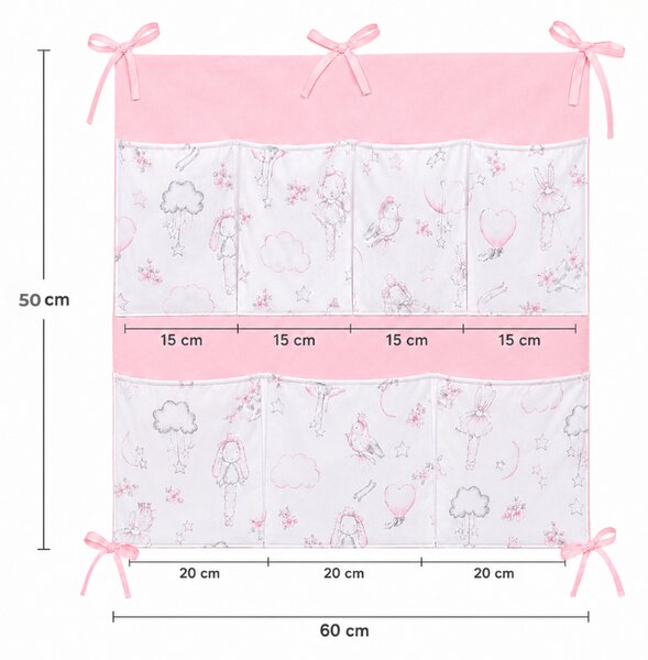 Organizator textil pentru patut bebe Kidizi Fiary Clouds 50x60 cm – 7 buzunare, montare pe laterala lunga sau scurta, bumbac 100% Oeko-Tex