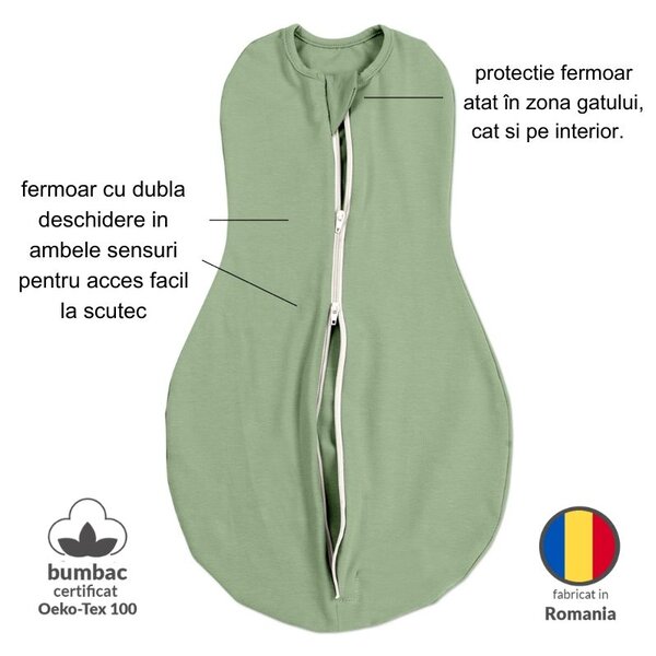 Sistem de infasat cu fermoar dublu Kidizi SnugPod Green S, pentru nou-nascuti 2.6-5 kg, 0.5 tog