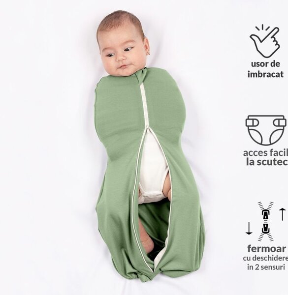 Set 2 sisteme de infasat cu fermoar dublu Kidizi SnugPod Grey Green S, pentru nou-nascuti 2.6-5 kg, 0.5 tog