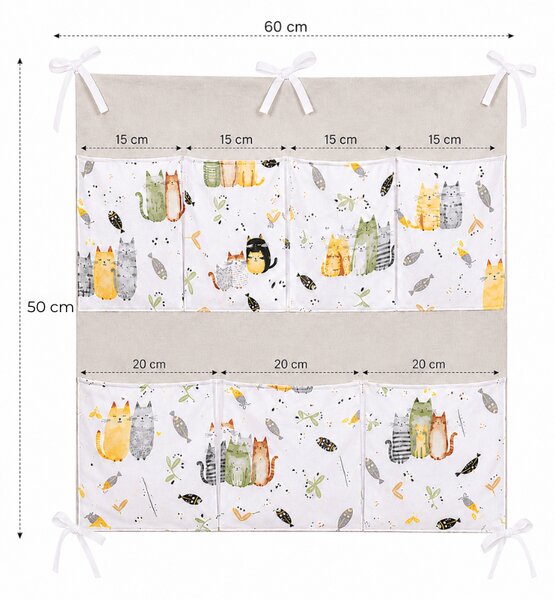 Organizator textil pentru patut bebe Kidizi Wiskers 50x60 cm – 7 buzunare, montare pe laterala lunga sau scurta, bumbac 100% Oeko-Tex