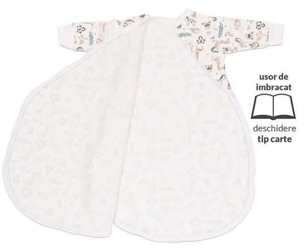 Sac de dormit cu maneci din bumbac flausat Kidizi Safari, 0-3 luni, 1 tog