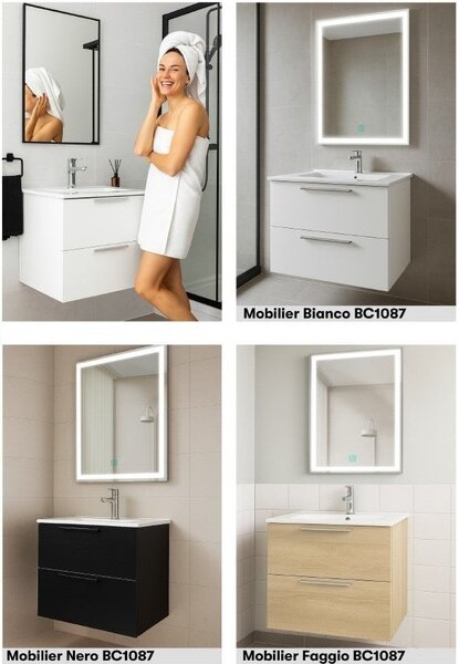 Set Mobilier Baie Suspendat 60 cm – cu Lavoar Ceramic Slim si Oglinda LED cu Dezaburire, MDF total Negru