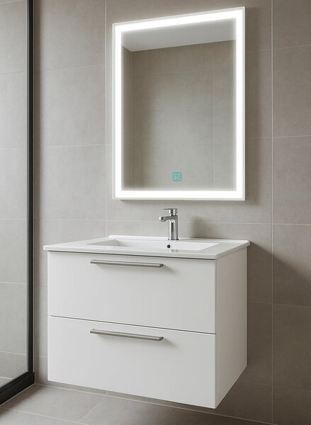 Set Mobilier Baie Suspendat 60 cm – cu Lavoar Ceramic Slim si Oglinda LED cu Dezaburire, MDF total Negru