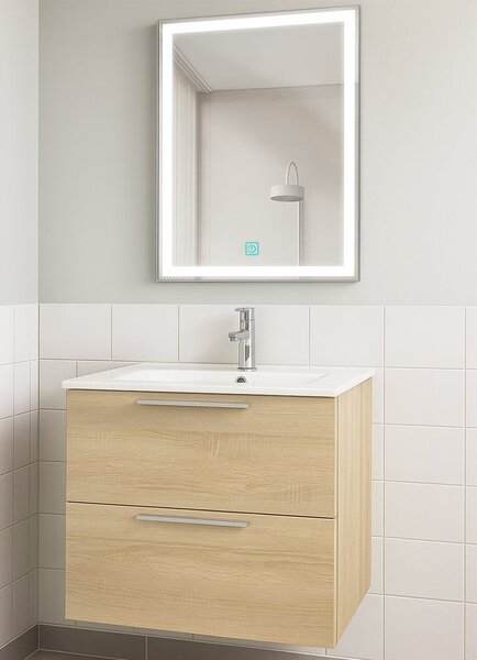 Set Mobilier Baie Suspendat 60 cm – cu Lavoar Ceramic Slim si Oglinda LED cu Dezaburire, MDF total Negru