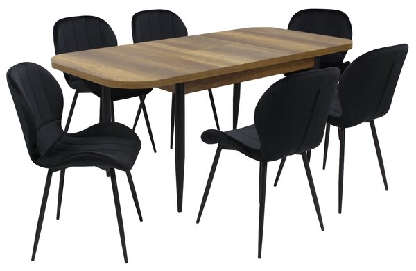 Set masă extensibilă Viena Nuc cu 6 Scaune Topaz Negru