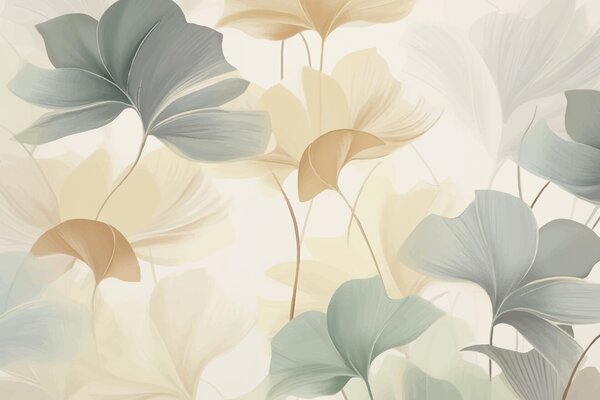 Tapet Model de frunze de ginkgo în tonuri pastelate moi, amestecând nuanțe de verde, galben și crem pentru a, Fototapet Natură, w02855 : Uwalls.ro