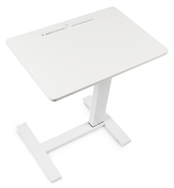 Masa reglabila pe inaltime cu lift pneumatic, cu roti – blat 60x40 cm, inaltime 66–90 cm, masa laterala pentru pat/canapea, onuvio® - alb