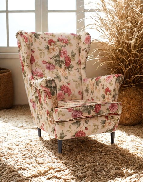 Fotoliu cu urechi Lord Coral, crem cu motiv floral