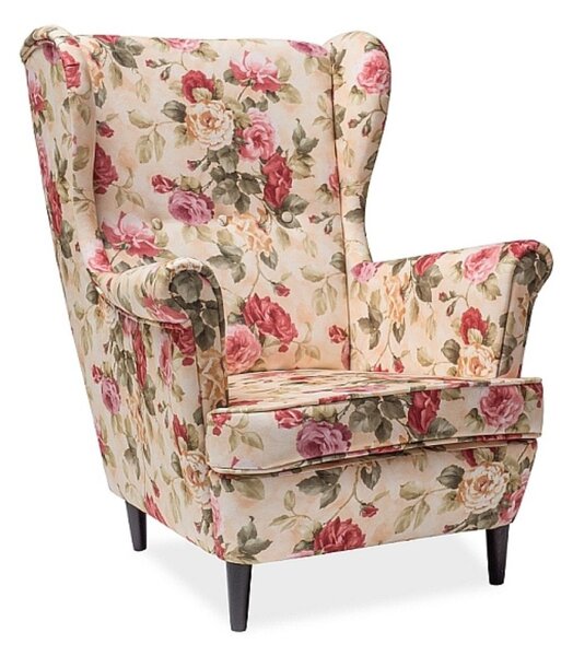 Fotoliu cu urechi Lord Coral, crem cu motiv floral