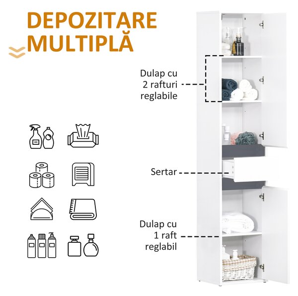 HOMCOM Dulap de Baie tip Coloană, cu 2 Dulapuri cu Polițe Reglabile și Sertar Central, Dulap Baie din Lemn, 35x31x172 cm, Alb | Aosom Romania
