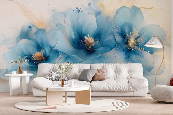 Tapet Tablou floral de vis cu flori albastre mari, delicate, Fototapet Acuarelă, w02769 : Uwalls.ro