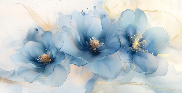 Tapet Tablou floral de vis cu flori albastre mari, delicate, Fototapet Acuarelă, w02769 : Uwalls.ro