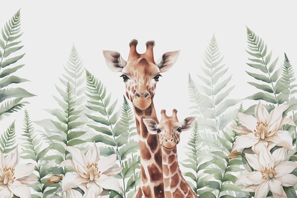 Fototapet Girafe și flori, Fototapet animale, Fototapet populare, w02886 - Tapeko.ro