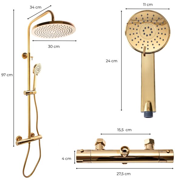 Erga Yoka, coloană de duș cu termostat și duș manual cu 3 funcții, auriu strălucitor, ERG-YKA-BP.BILI-THERM-30-GLD