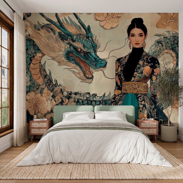 Fototapet Femeie într-un kimono și un dragon, Fototapet acuarelă, Fototapet populare, w02875 - Tapeko.ro