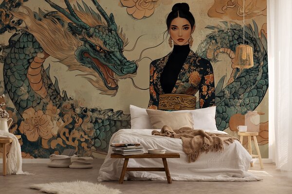 Fototapet Femeie într-un kimono și un dragon, Fototapet acuarelă, Fototapet populare, w02875 - Tapeko.ro